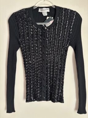 Vintage Sonia Rykiel Black Sequin Snap Front 100% Cotton Ribbed Sweater SZ XS/S